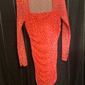 Caution To The Wind Floral mesh Ruched mini dress - Orange and Pink